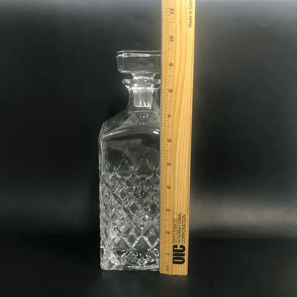 mid‎ century decanter heavy glass hatch diamond pattern square lid 9.5 inches